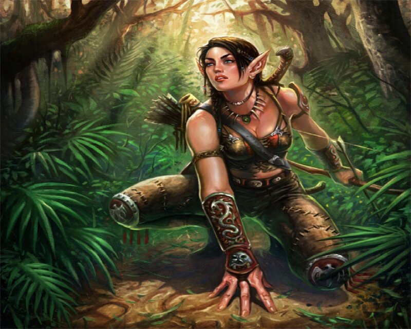 Elf Archer in Jungle — Green, Alert