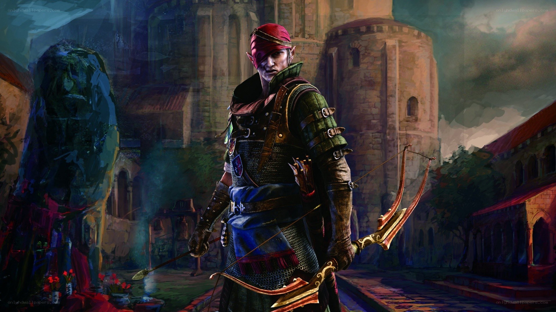 elf archer in medieval town