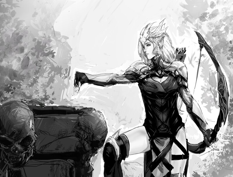 Elf Archer with Bow — Black, Dramatic