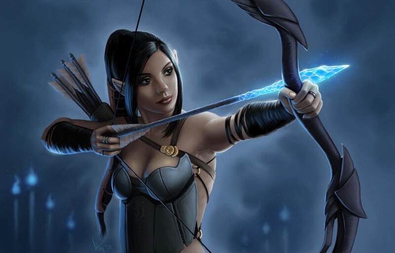 Elf Archer with Bow — Blue, Dramatic, Night, Digital Art, Arrow, Quiver