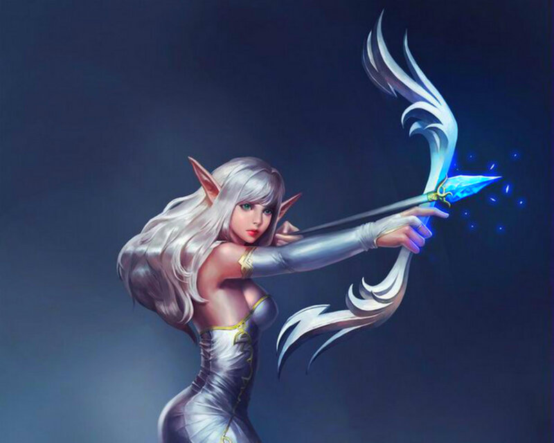 Elf Archer with Bow — Blue, Dramatic, Night, Digital Art, Arrow