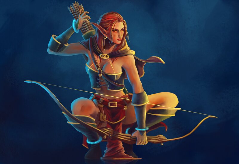 Elf Archer with Bow — Blue, Dramatic, Night, Digital Art, Arrows