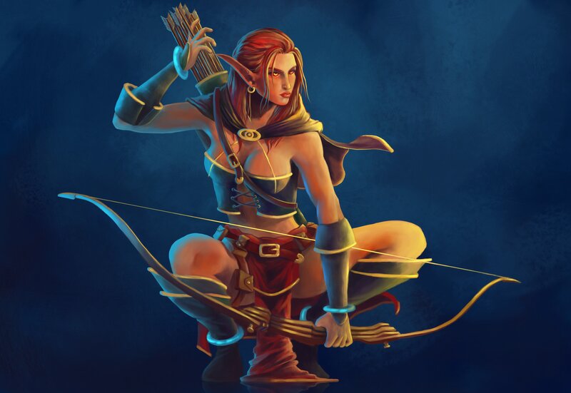 Elf Archer with Bow — Blue, Dramatic, Night