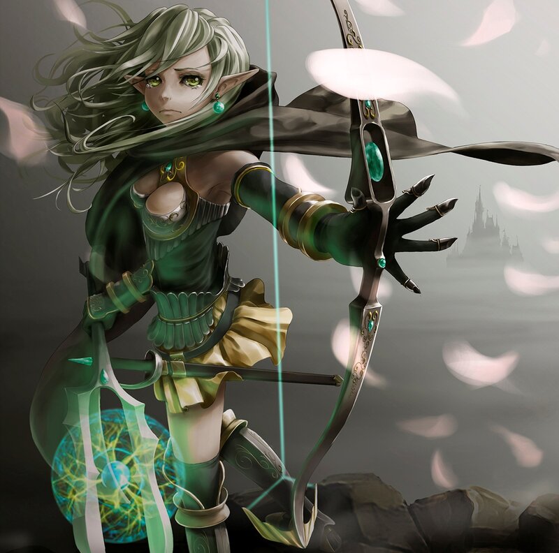 Elf Archer with Bow — Green, Dramatic, Digital Art, Castle