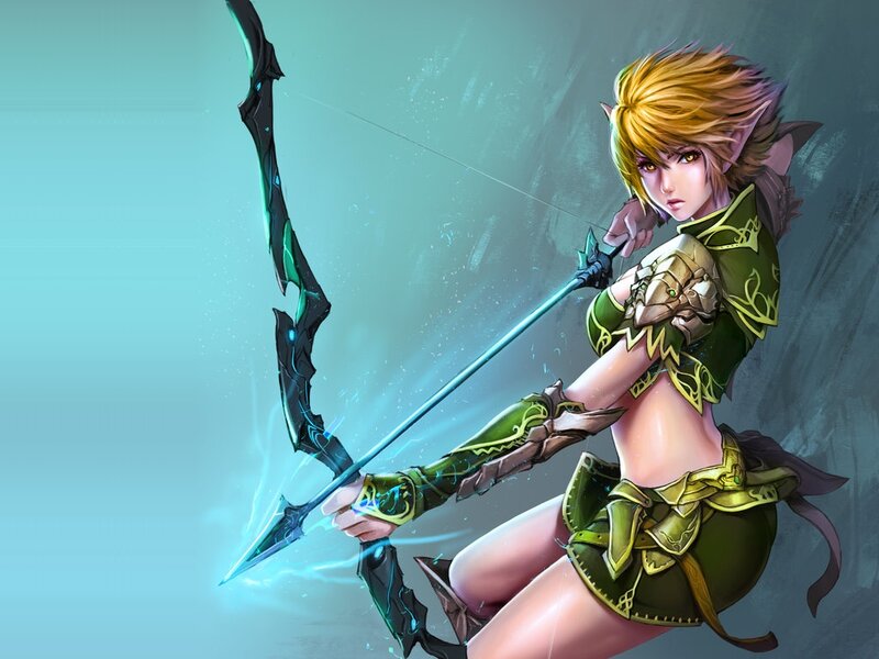 Elf Archer with Bow — Green, Dramatic, Digital Art