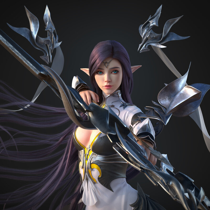 Elf Archer with Bow — Purple, Dramatic, 3d Render
