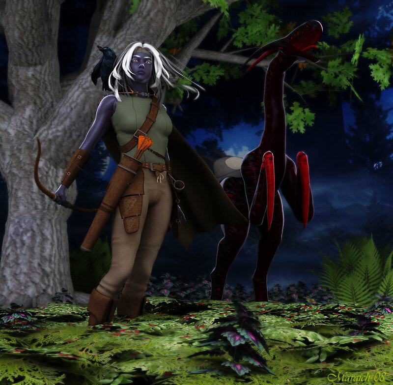 elf archer with crow and creature