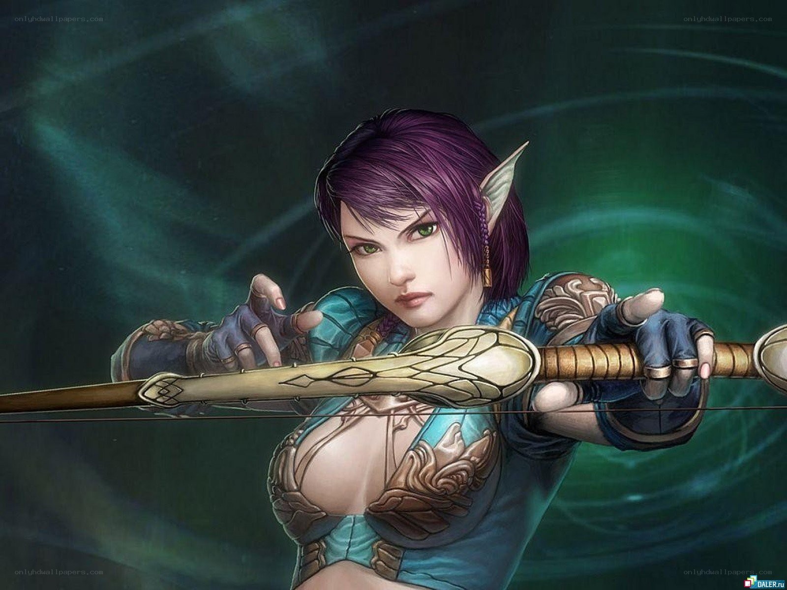 elf archer with purple hair