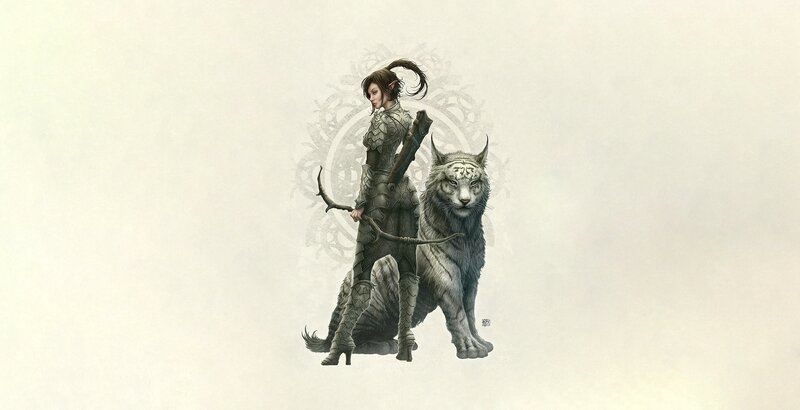 Elf Archer with White Tiger — Gray, Calm