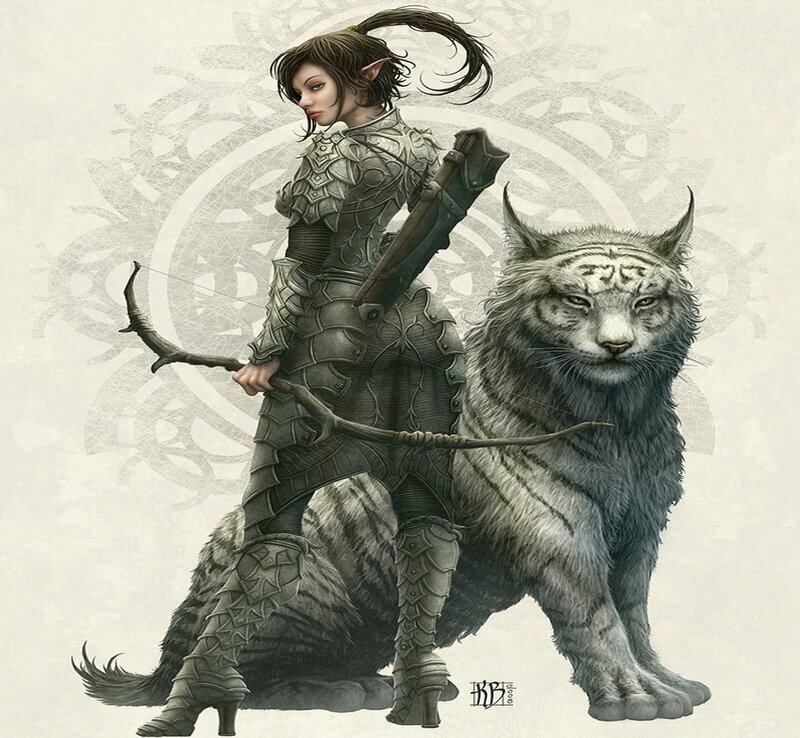 Elf Archer with White Tiger — Gray