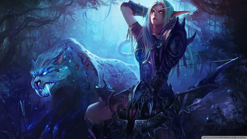 Elf Archer with Wolf — Blue, Dramatic, Night, Digital Art, Forest, Bow