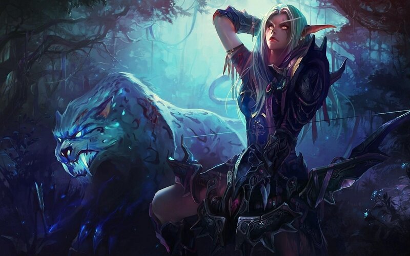 Elf Archer with Wolf — Blue, Dramatic, Night, Digital Art, Forest