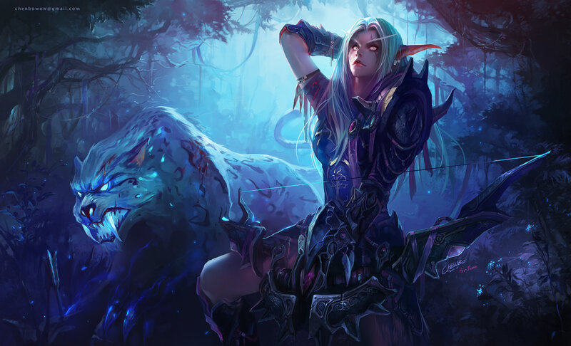 Elf Archer with Wolf — Blue, Dramatic, Night