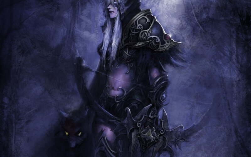 Elf Archer with Wolf — Purple, Dark, Dramatic, Night