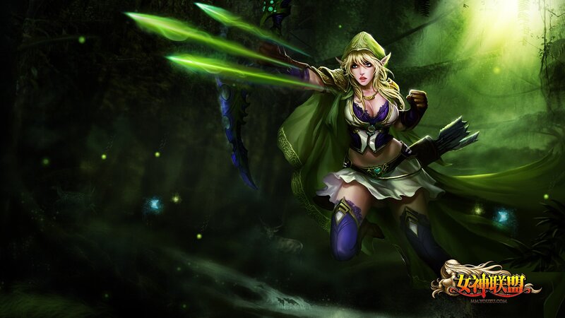 Elf Archer Woman — Green, Dramatic, Night, Digital Art, Forest
