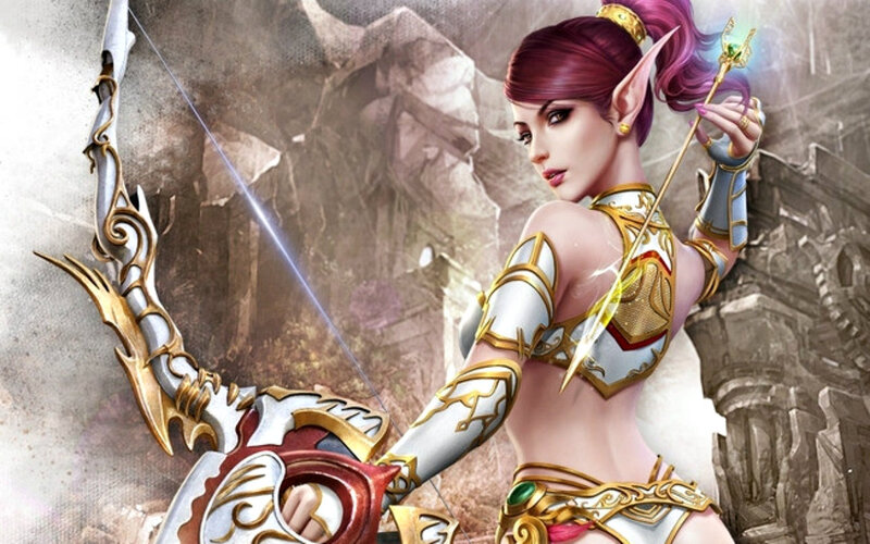 Elf Archer Woman — Purple, Dramatic, Digital Art, Bow, Arrow
