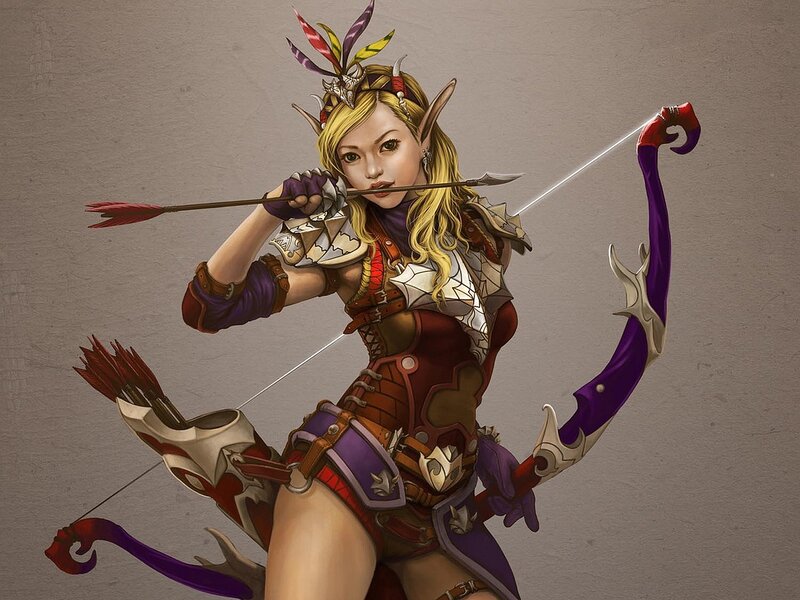 Elf Archer Woman — Purple, Dramatic, Digital Art, Bow