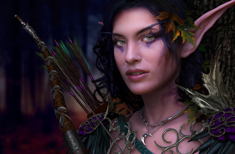 Elf Archer Woman — Purple, Dramatic, Night, 3d Render, Arrows, Tree, Leaf Crown, Green