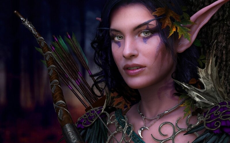 Elf Archer Woman — Purple, Dramatic, Night, 3d Render, Arrows, Tree, Necklace