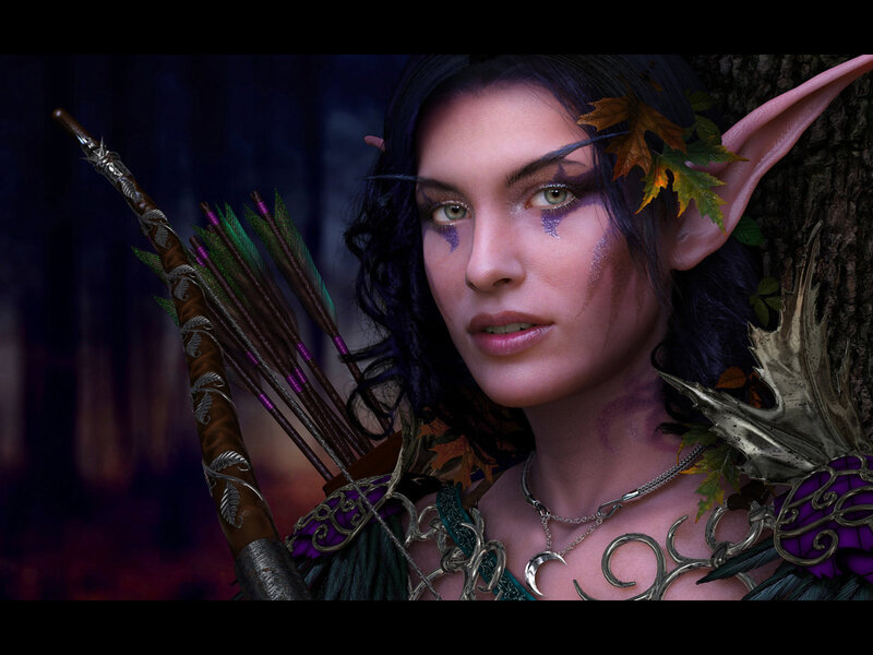 Elf Archer Woman — Purple, Dramatic, Night, 3d Render, Arrows, Tree