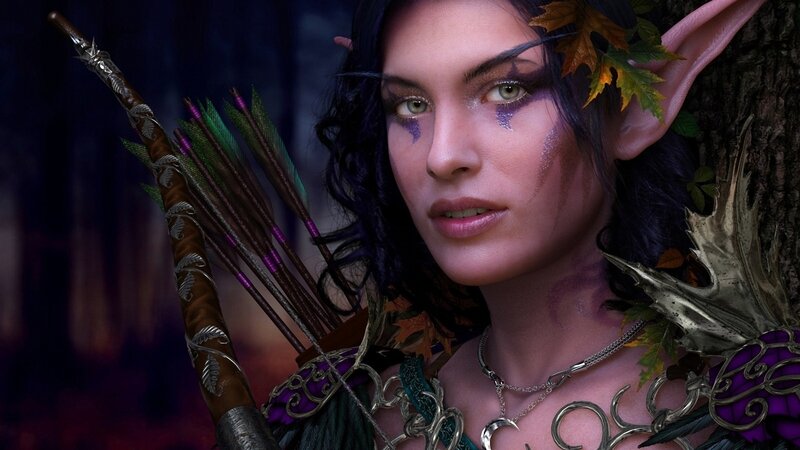 Elf Archer Woman — Purple, Dramatic, Night, 3d Render