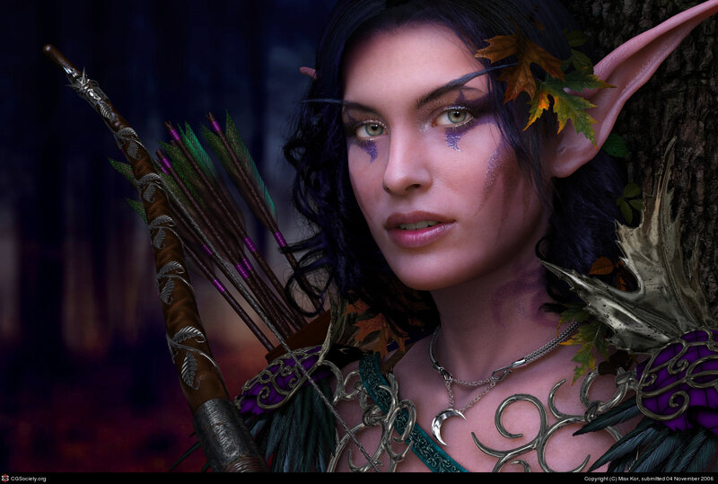 Elf Archer Woman — Purple, Dramatic, Night, Digital Art, Arrows, Tree