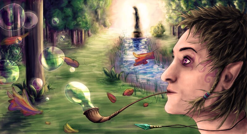 elf blowing bubbles in forest