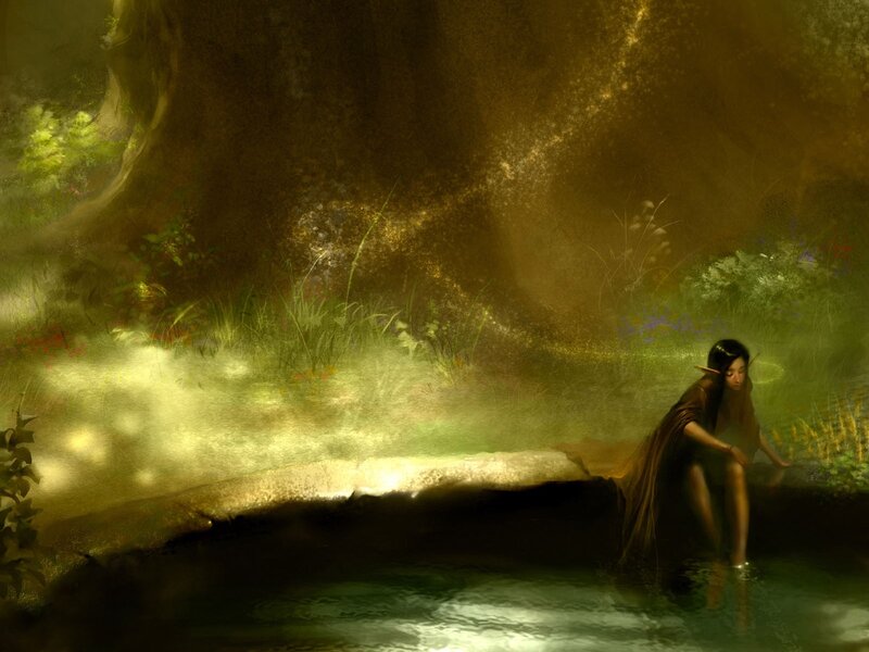 elf by a forest stream