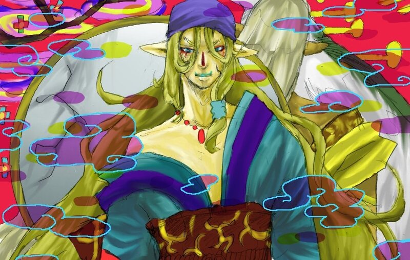 elf character with colorful background