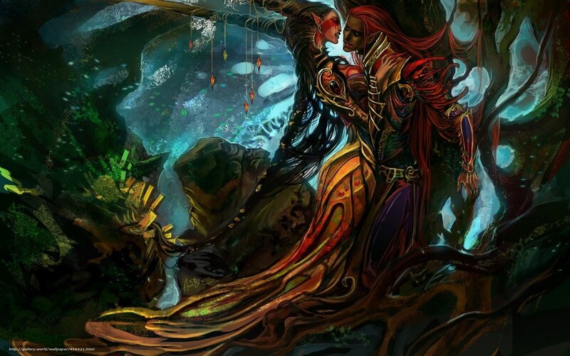 Elf Couple Embracing — Green, Dramatic, Night
