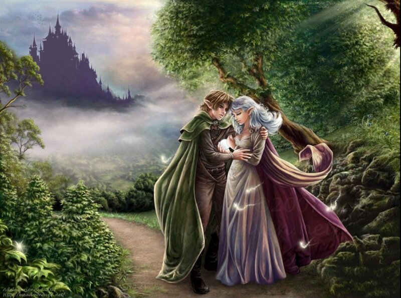 Elf Couple Embracing — Green, Serene, Morning
