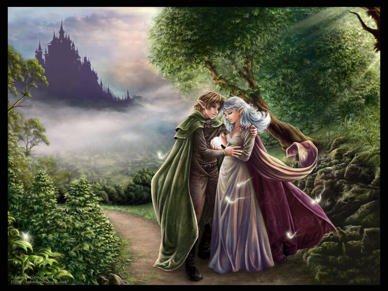 Elf Couple Embracing — Green, Serene