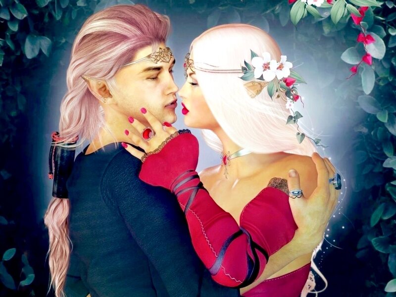 Elf Couple Embracing — White, Romantic