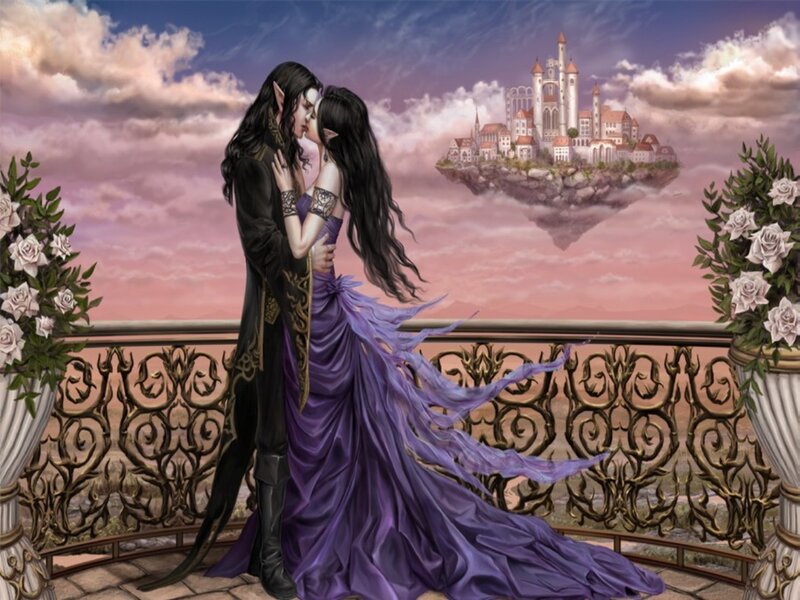 Elf Couple Kissing — Purple, Romantic, Sunset