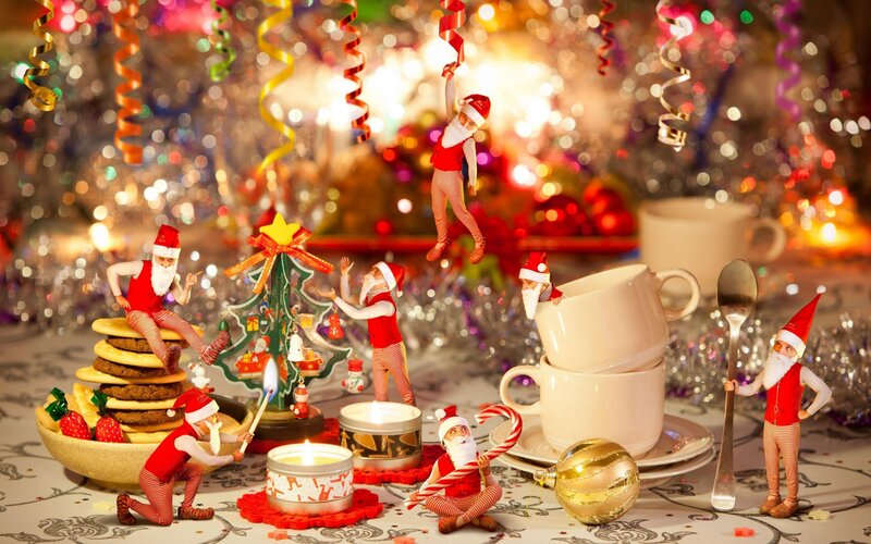 Elf Figurines on Table — Red, Festive