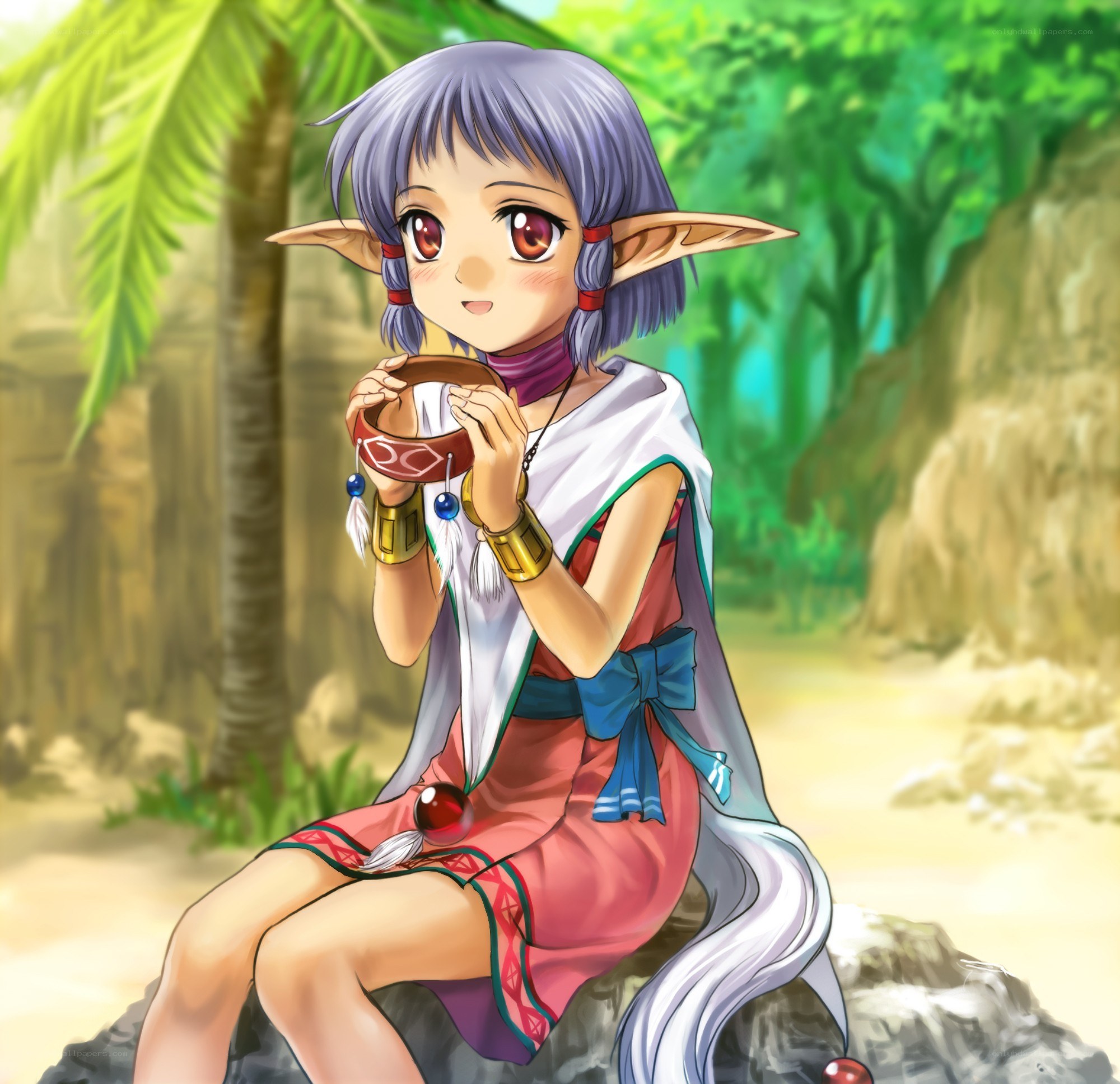 elf girl drinking from a cup
