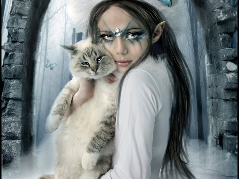 Elf Girl Holding Cat — White
