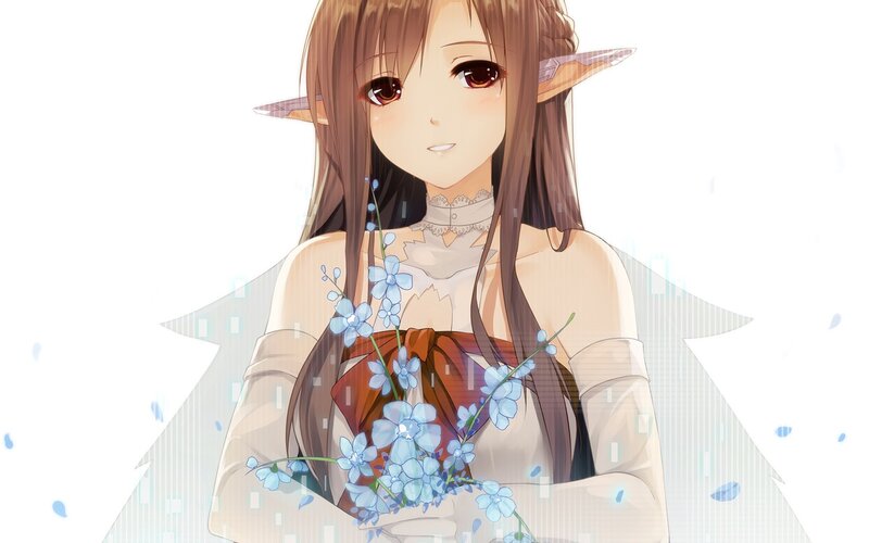 Elf Girl Holding Flowers — White, Serene, Anime