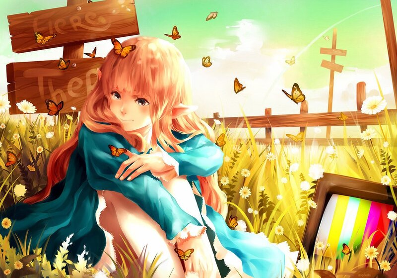 elf girl in a field of butterflies