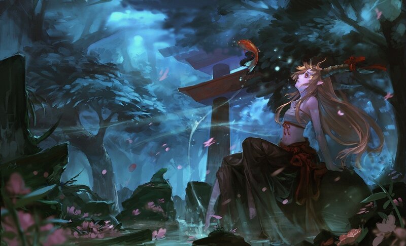 elf girl in forest at night