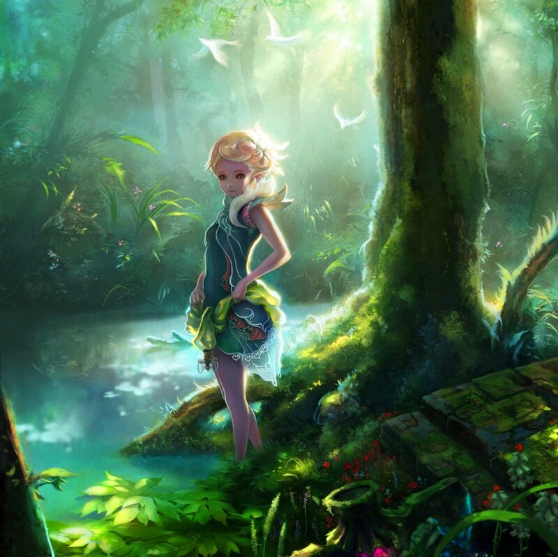 Elf Girl in Forest — Green, Serene, Morning, Digital Art, Stream