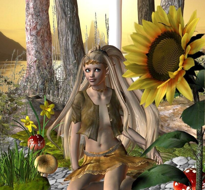 elf girl in sunflower garden