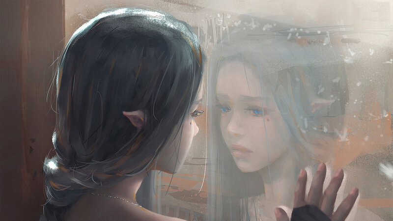 Elf Girl Looking at Reflection