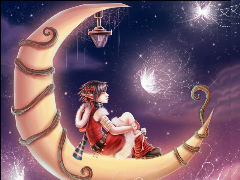 Elf Girl on Crescent Moon — Purple