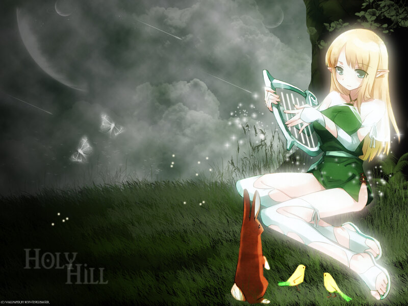 elf girl playing harp at night