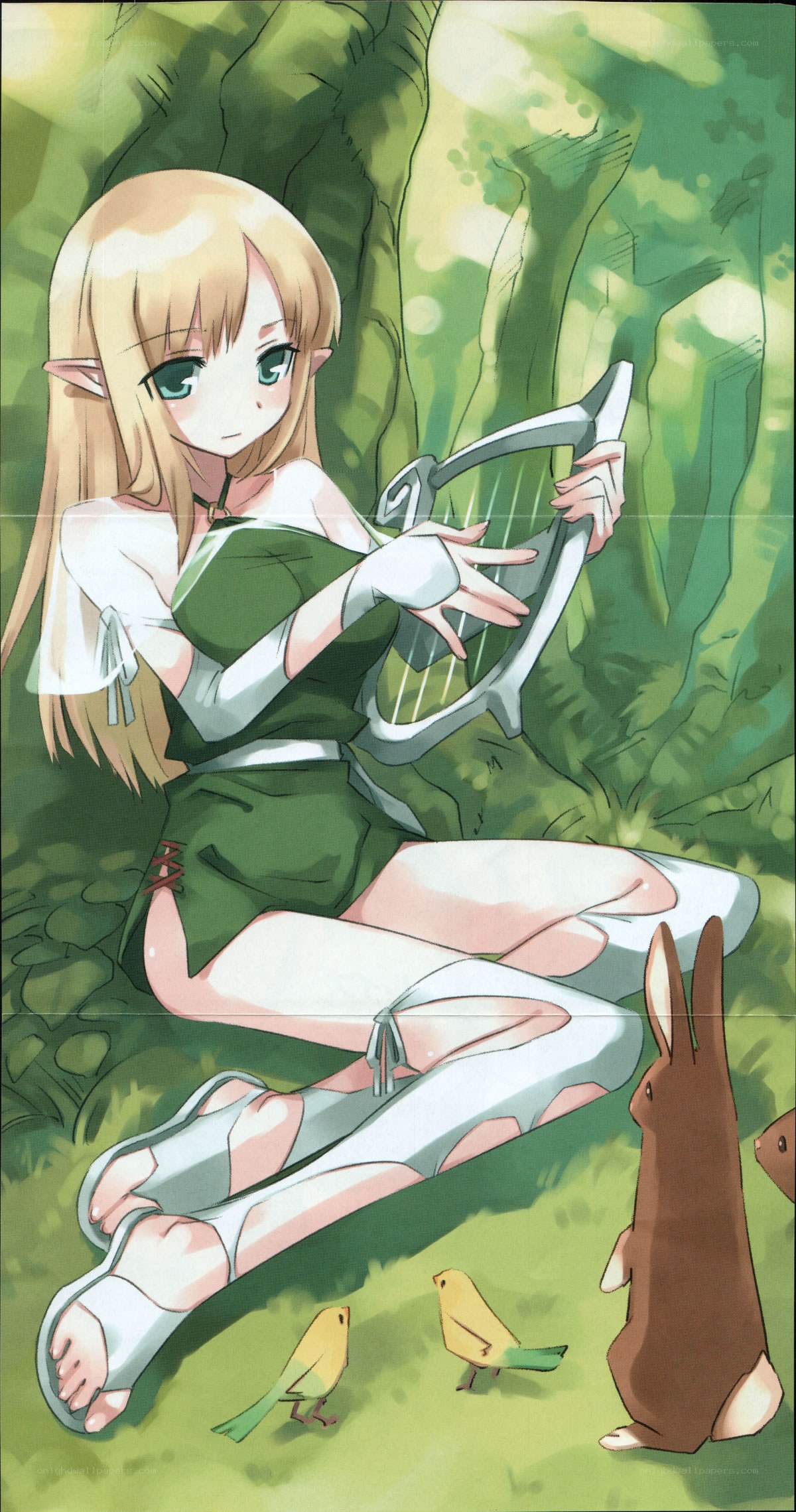 elf girl playing harp in forest