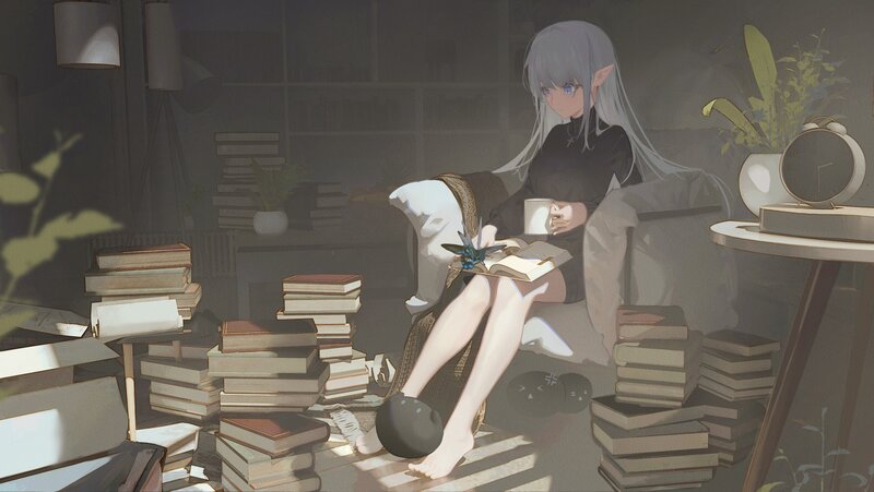 Elf Girl Reading Book — Gray