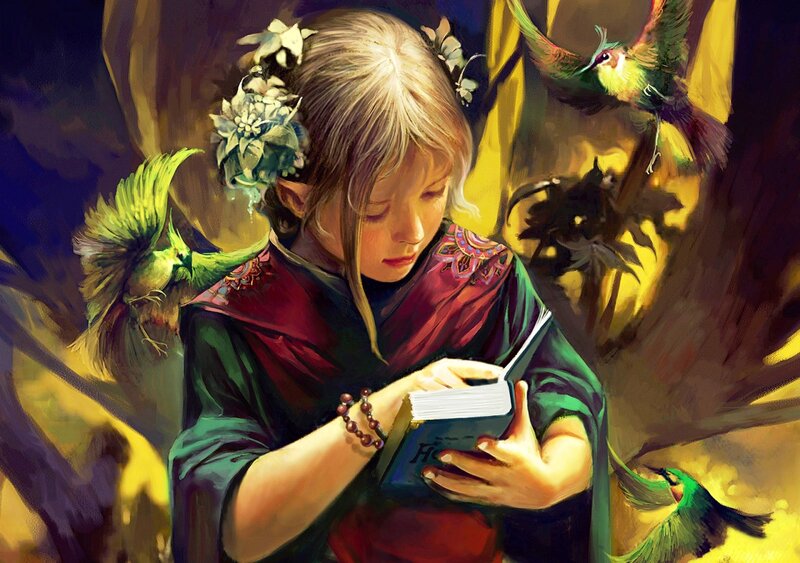 Elf Girl Reading Book — Green, Serene, Night