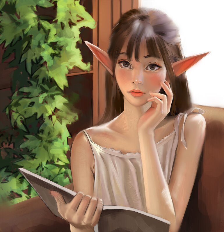 Elf Girl Reading Book — White