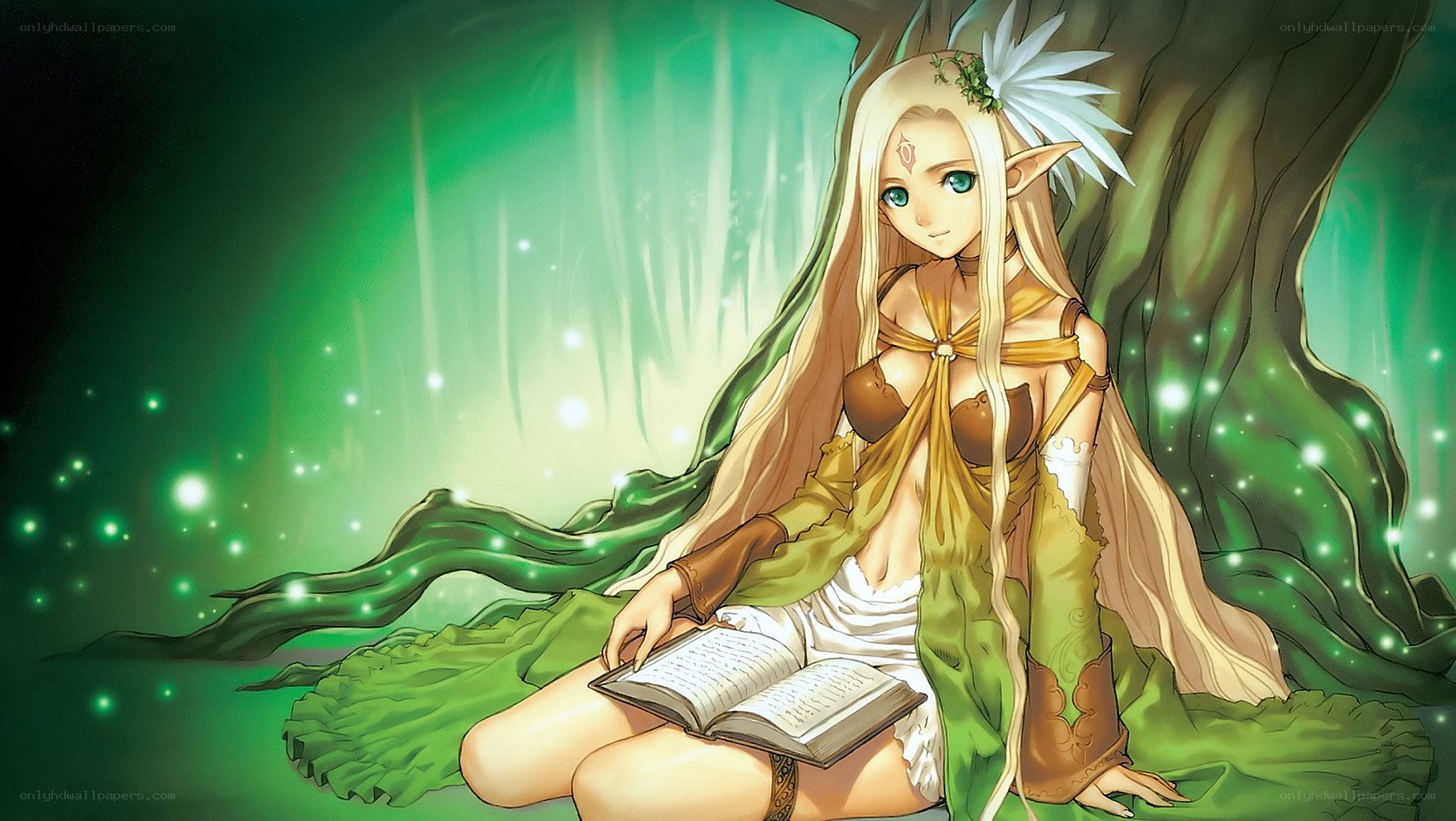 elf girl reading in forest